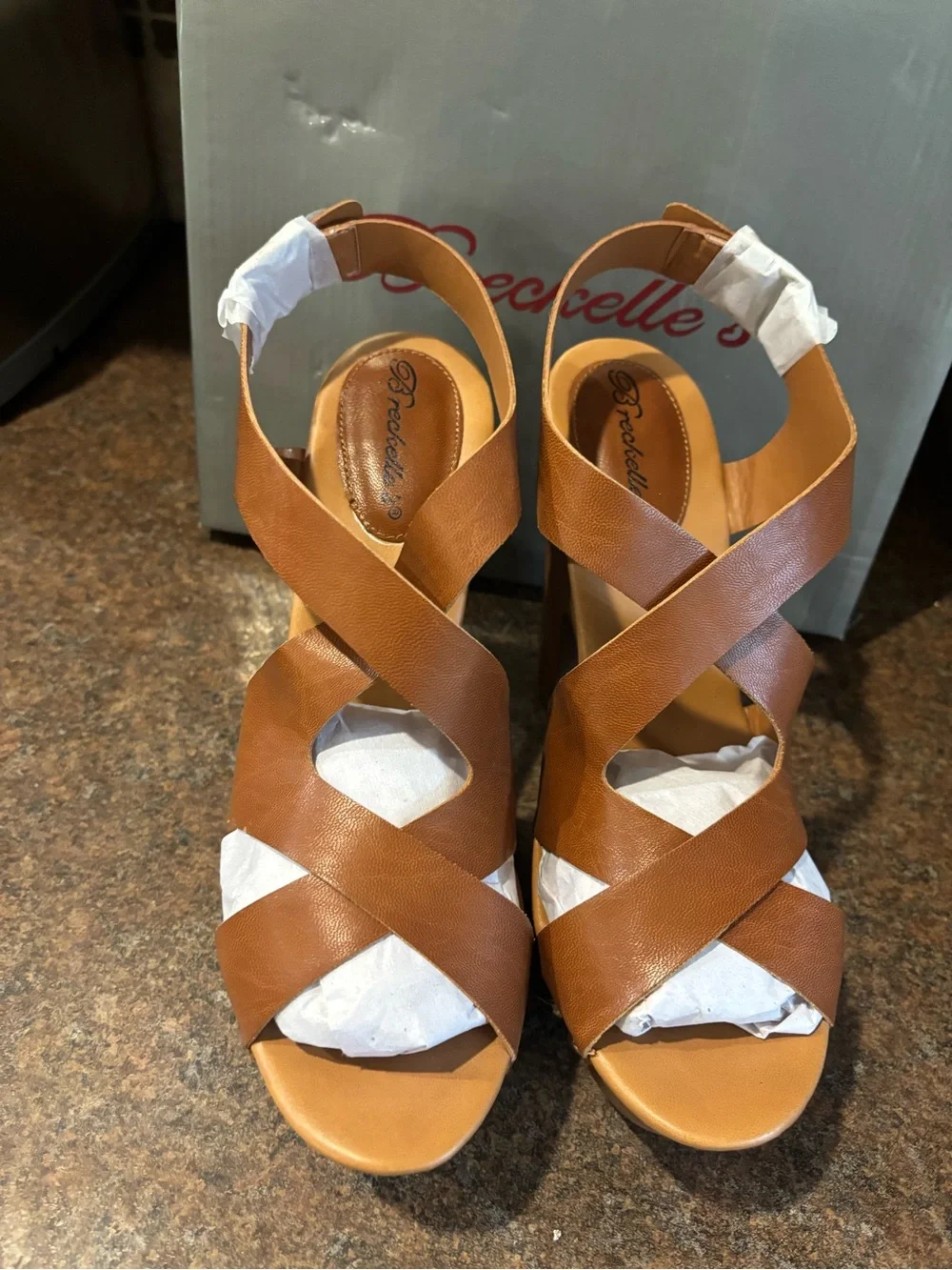 Breckelles Cognac Brown Crisscross Platform Heels